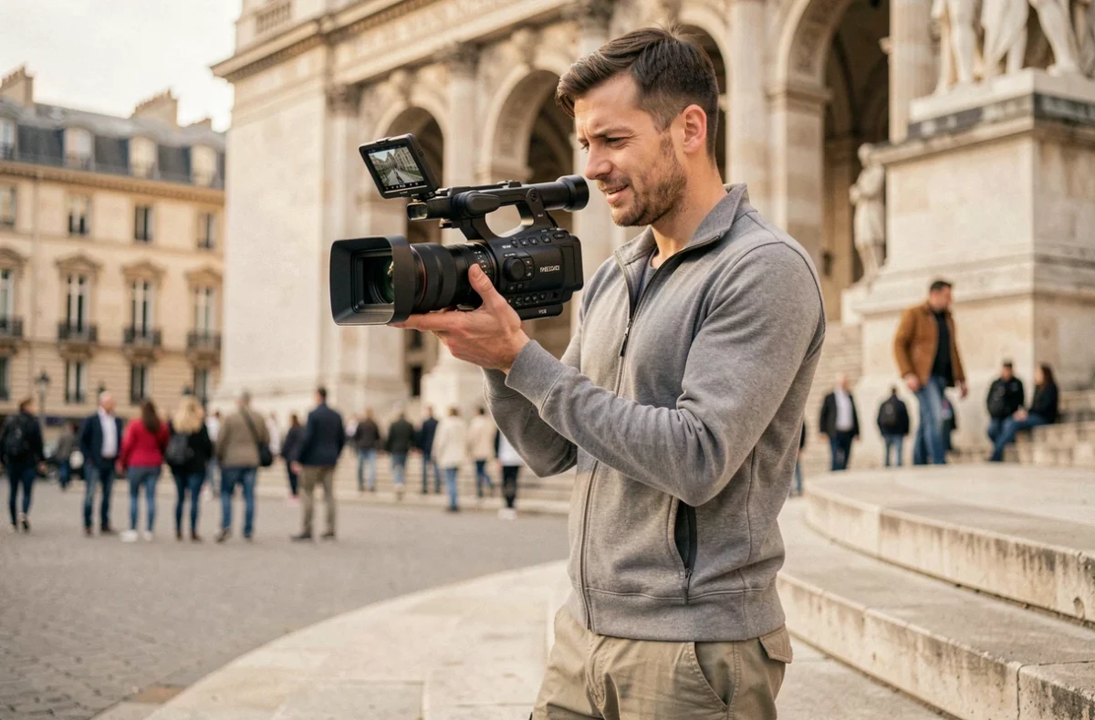 Vidéaste de Videaste.eu consultant un moniteur de caméra en extérieur sur un site emblématique parisien