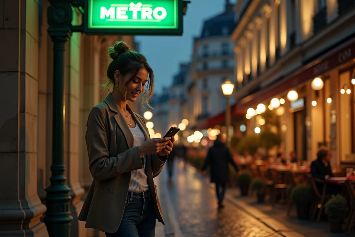 Jeune femme élégante devant l'entrée d'une station de métro parisienne la nuit, ligne 13, ambiance nocturne animée