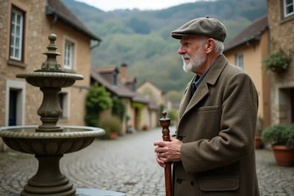 Homme âgé en tweed près d'une fontaine ancienne