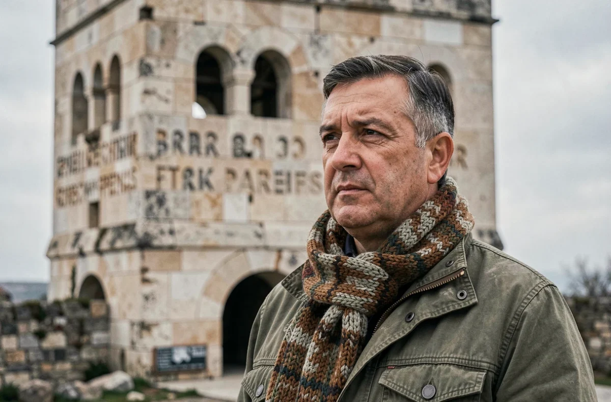Guide serbe posant devant la Tour du Crâne à Niš, symbole historique d'une ville serbe en 3 lettres