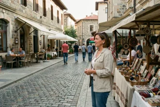 Femme explorant un marché artisanal dans les rues pavées de Niš, ville serbe en 3 lettres