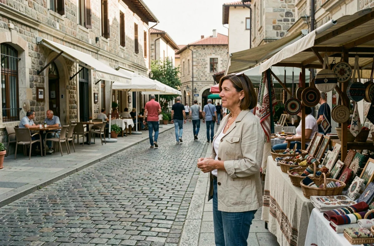 Femme explorant un marché artisanal dans les rues pavées de Niš, ville serbe en 3 lettres