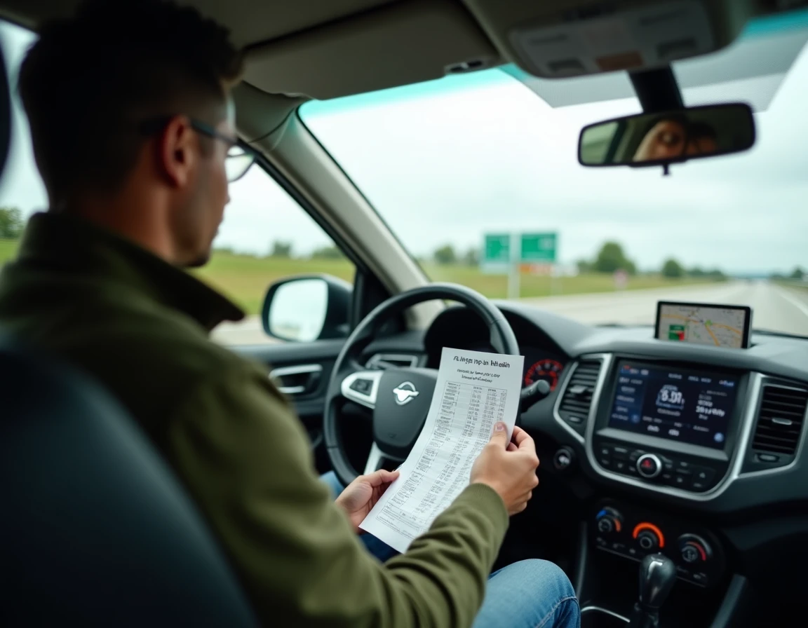 Voyageur consultant un tableau de conversion mph en km/h dans une voiture sur une autoroute américaine