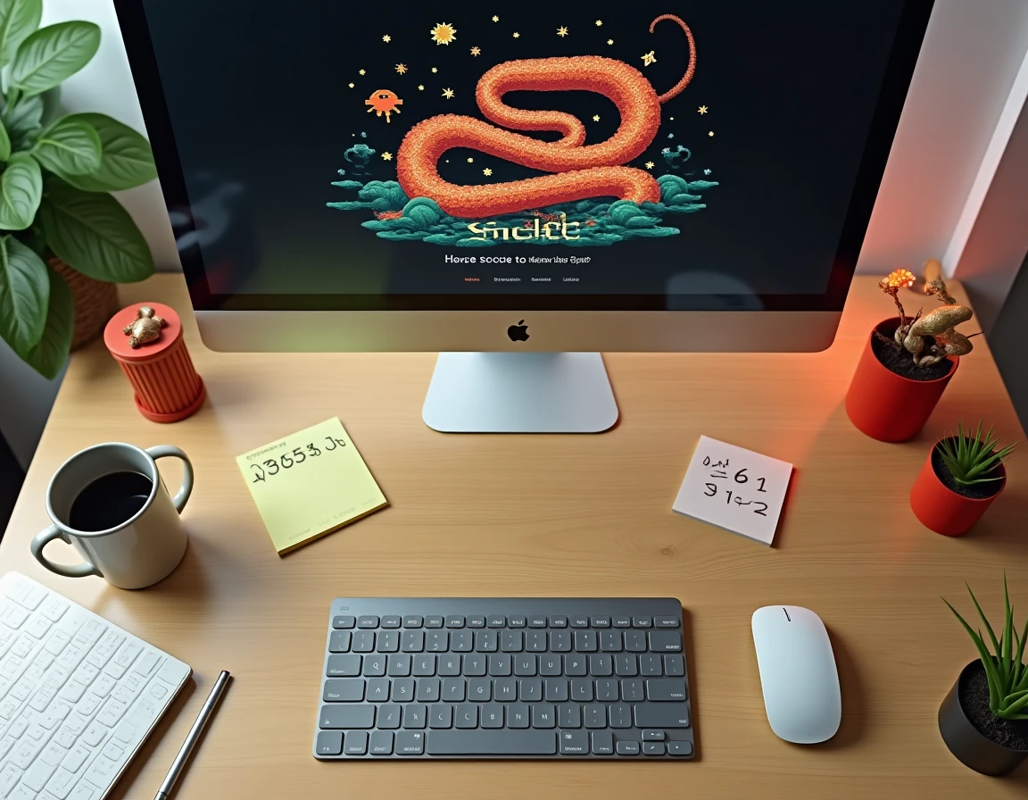 Vue aérienne d'un bureau avec un écran affichant le jeu Google Doodle Serpent de l'Année du Serpent, entouré d'accessoires de travail et d'une figurine serpent