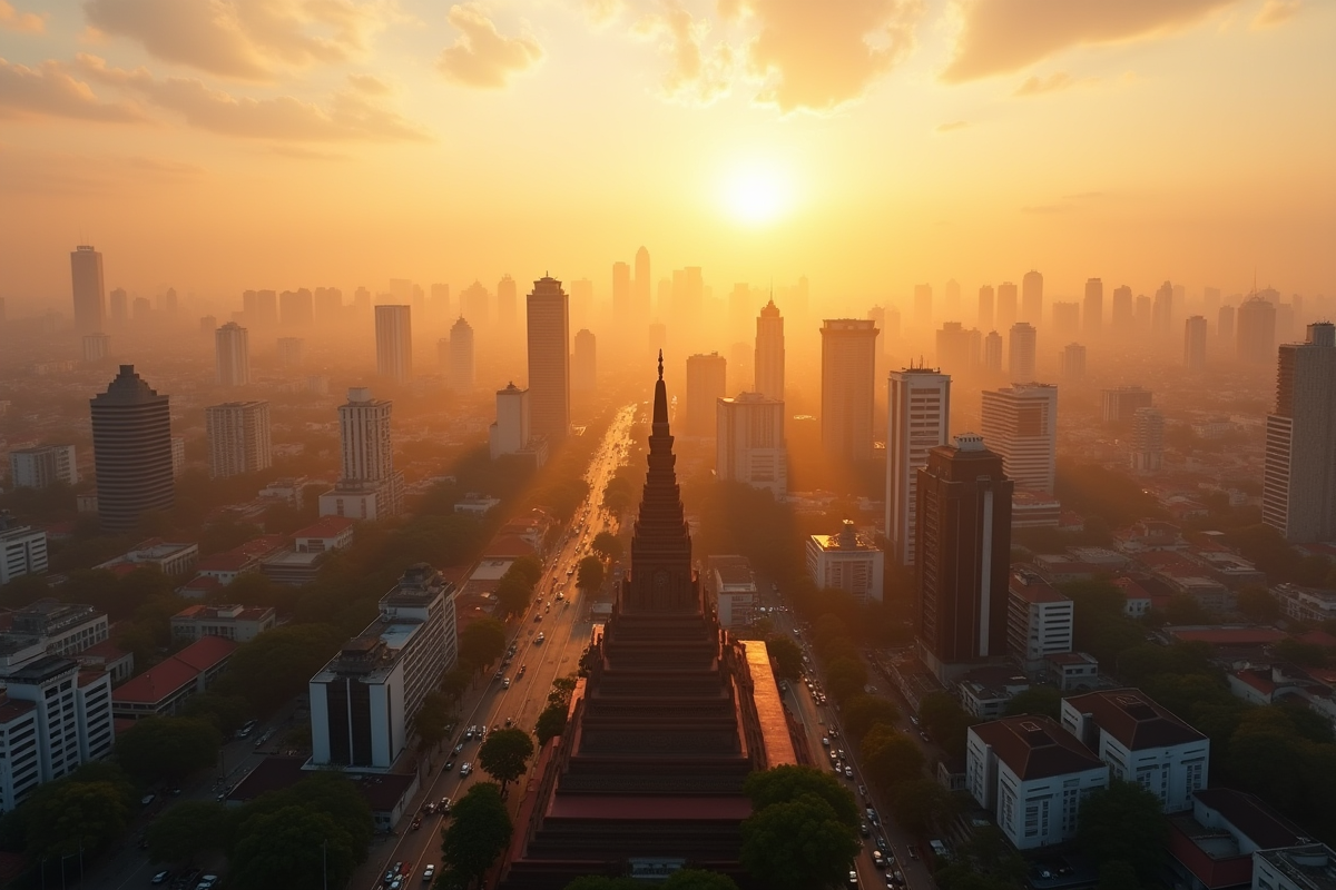 Vue aérienne de Chiang Mai au lever du soleil avec temples et immeubles